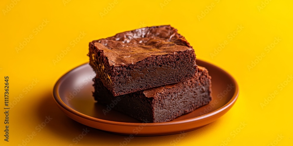 Selective focus on two decadent chocolate cheese brownie slices presented on a brown saucer against a vibrant yellow background, highlighting the rich textures of the chocolate cheese brownie. Selective focus on two decadent chocolate cheese brownie slices presented on a brown saucer against a vibrant yellow background, highlighting the rich textures of the chocolate cheese brownie.