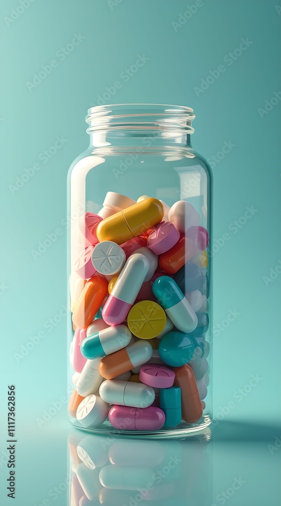 Overflowing jar with colorful pills Overflowing jar with colorful pills