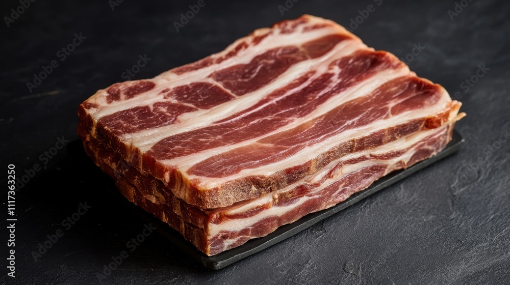 National Bacon Day Fresh marbled pork belly on slate stone with dark background for culinary arts National Bacon Day Fresh marbled pork belly on slate stone with dark background for culinary arts