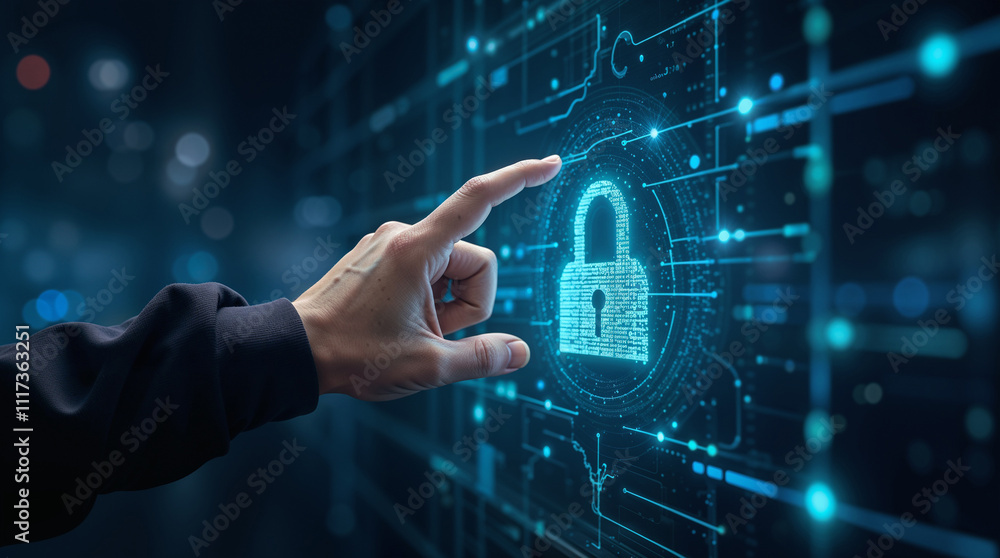 Hand on the background of a hologram with a lock. Cybersecurity concept Hand on the background of a hologram with a lock. Cybersecurity concept