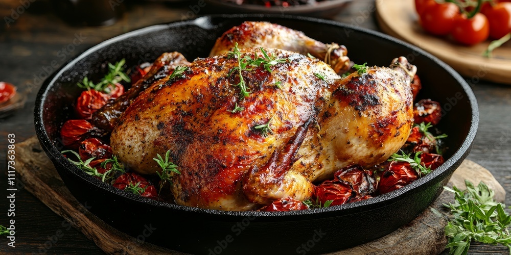 Roasted chicken presented in a rustic cast iron skillet adds charm to any dining experience, showcasing the deliciousness of roasted chicken in a stylish setting. Roasted chicken presented in a rustic cast iron skillet adds charm to any dining experience, showcasing the deliciousness of roasted chicken in a stylish setting.