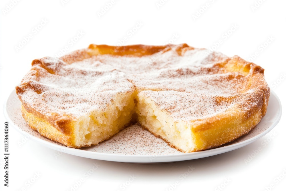 A round cake with a slice removed, dusted with powdered sugar on a white plate. A round cake with a slice removed, dusted with powdered sugar on a white plate.