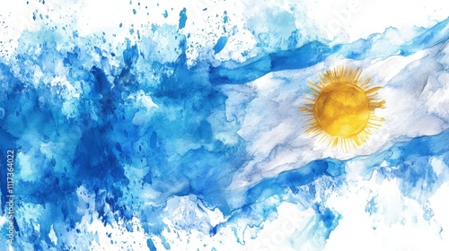 National Sovereignty Day Argentina Vibrant watercolor painting of the argentine flag with sun emblem