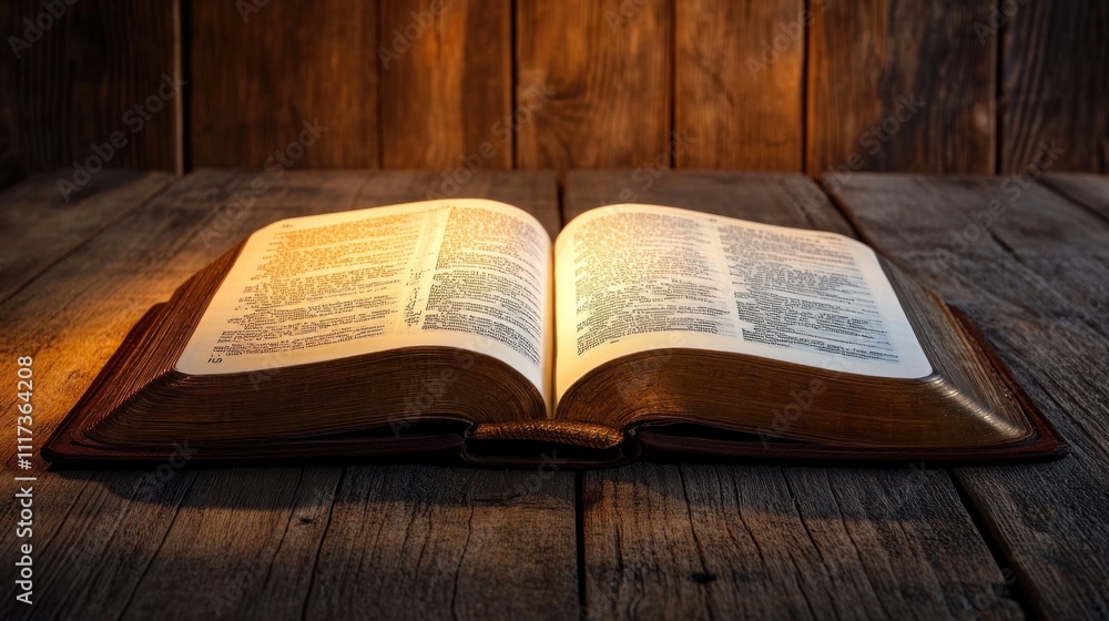 Fototapeta premium Open Bible on Wooden Table