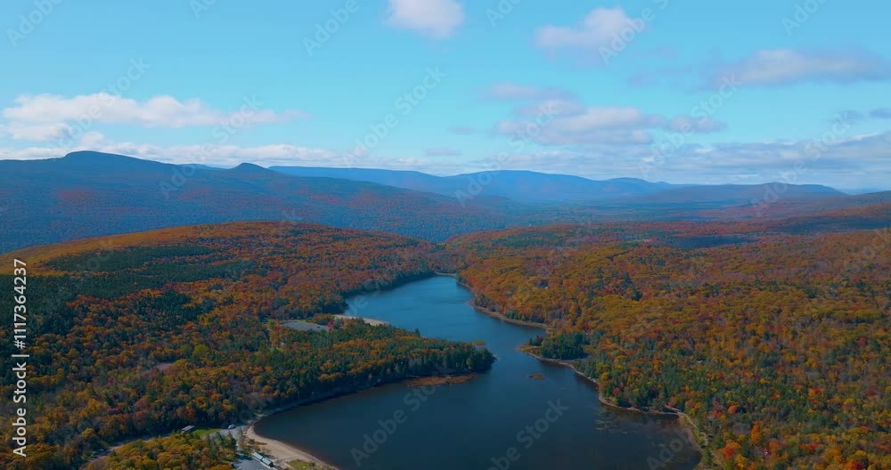 Aerial view of North-South Lake in the Catskills in autumn Aerial view of North-South Lake in the Catskills in autumn