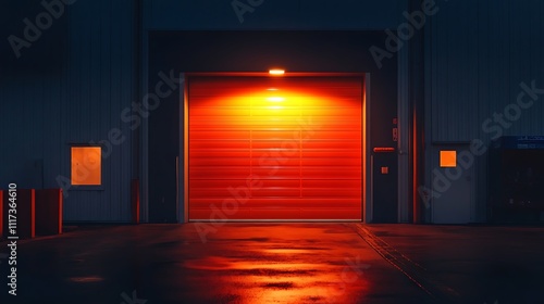 Illuminated red industrial roll-up door at night.