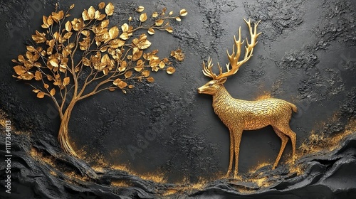 Fototapeta Naklejka Na Ścianę i Meble -  Wall décor with 3D wallpaper art and golden feather deer. Generative Ai