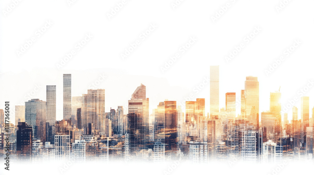 Obraz premium A stunning cityscape at sunrise, silhouettes of modern skyscrapers blend into the bright sky, creating a serene and vibrant urban skyline panorama.