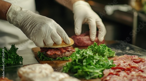 Gloved hands carefully assemble a juicy burger, adding bacon and lettuce. This close-up shot highlights food preparation; perfect for restaurant or cooking blogs. photo