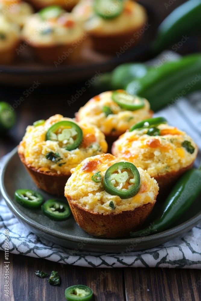 Spicy jalapeno cornbread muffins on rustic plate with fresh peppers Spicy jalapeno cornbread muffins on rustic plate with fresh peppers