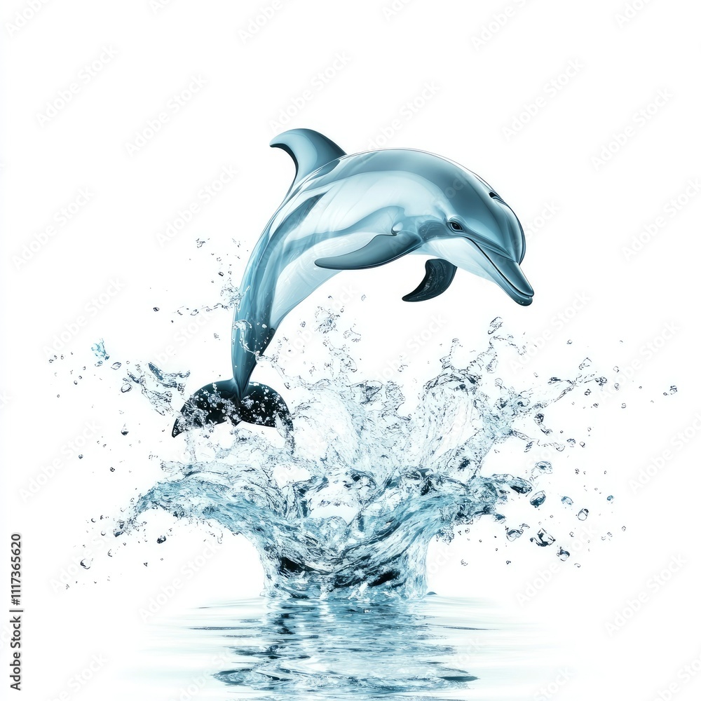 Naklejka premium A dolphin leaps from water, creating splashes, showcasing its grace and agility.