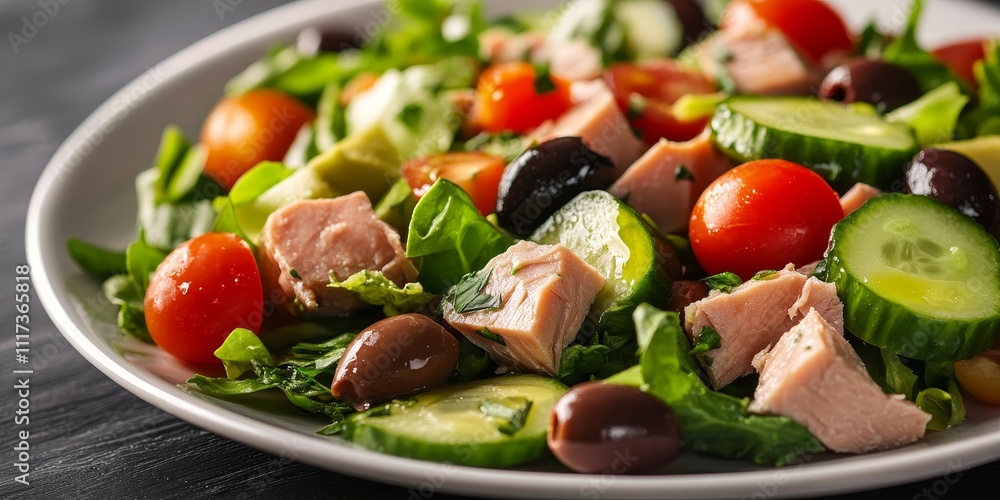 Fresh salad featuring tuna, lettuce, cucumbers, tomatoes, olives, and avocados presented in a white plate on the table, highlighting a vibrant salad mix for an appealing meal. Fresh salad featuring tuna, lettuce, cucumbers, tomatoes, olives, and avocados presented in a white plate on the table, highlighting a vibrant salad mix for an appealing meal.