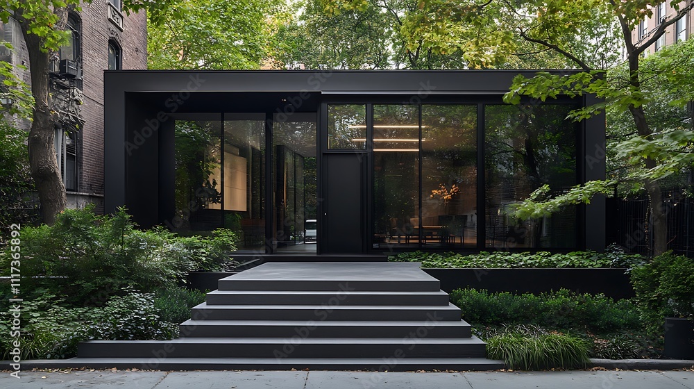 Modern black house with glass walls and stone steps, surrounded by lush greenery. Modern black house with glass walls and stone steps, surrounded by lush greenery.