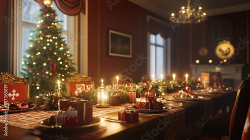 A cozy dining room with a long Christmas table featuring snowflake patterns, a glowing centerpiece, and gift-wrapped party favors.