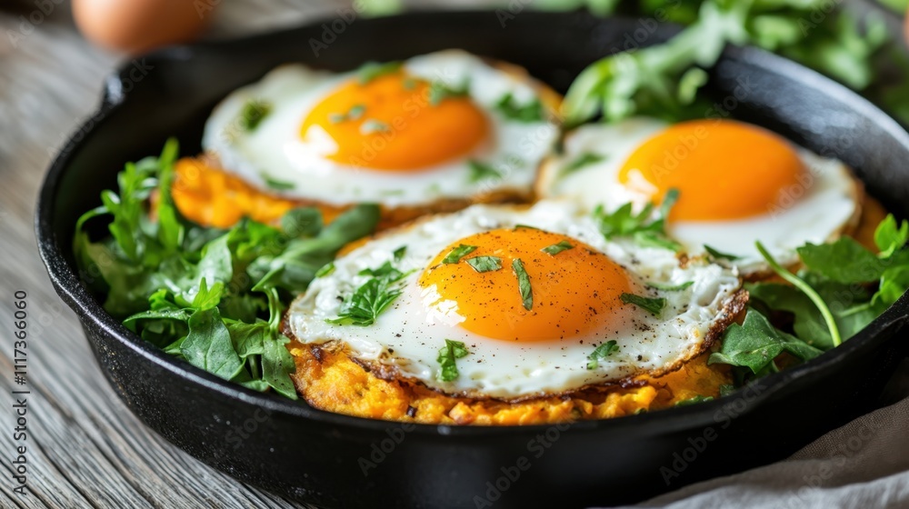 Delicious sunny side up eggs on sweet potato hash with fresh greens Delicious sunny side up eggs on sweet potato hash with fresh greens