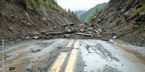 Mudslide and rock slide impact on a mountain road in a rural area, showcasing the effects of natural disasters such as rock slides and mudflows in lesser traveled regions.