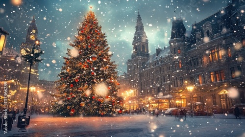 A large Christmas tree adorned with sparkling ornaments in the center of a snow-blanketed city square, framed by twilight skies.