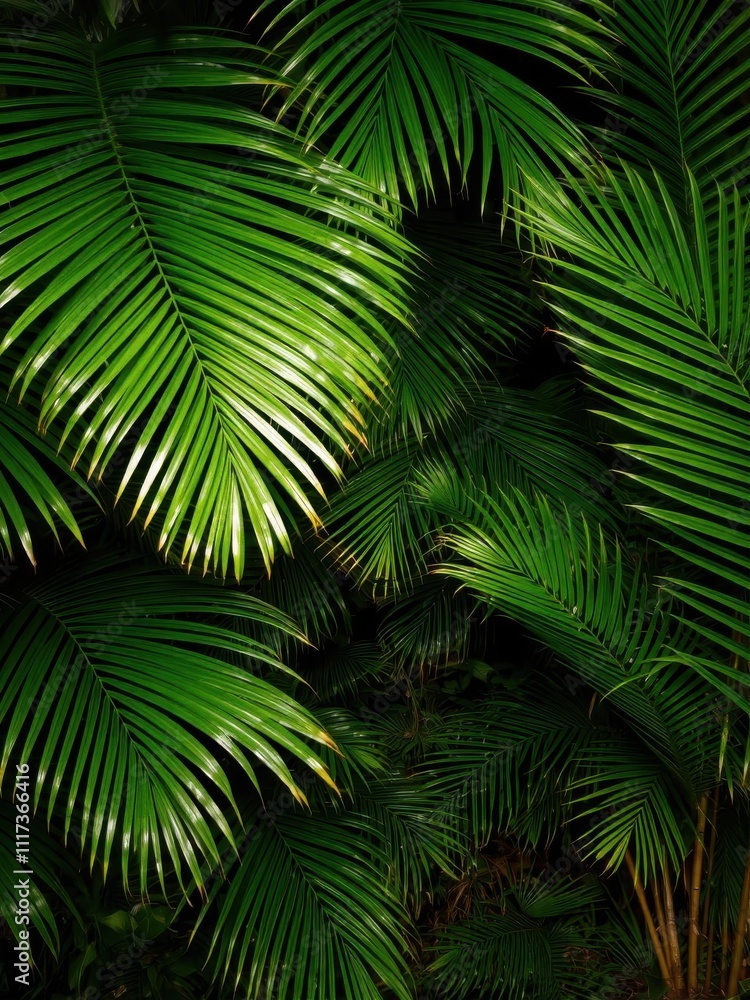 Lush green palm leaves creating a tropical oasis in a dark garden setting, vibrant, tropical Lush green palm leaves creating a tropical oasis in a dark garden setting, vibrant, tropical