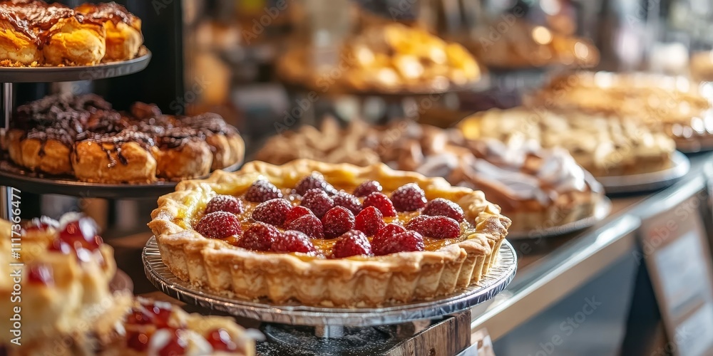 Delicious pie and a variety of fresh bakery products showcased in a bakery shop, highlighting the tempting assortment of bakery products available for eager customers. Delicious pie and a variety of fresh bakery products showcased in a bakery shop, highlighting the tempting assortment of bakery products available for eager customers.