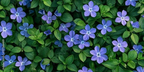 Lesser periwinkle, also known as Vinca minor, showcases its delicate flowers. These vibrant flowers of lesser periwinkle add charm and beauty to any garden or landscape with their stunning appearance. photo