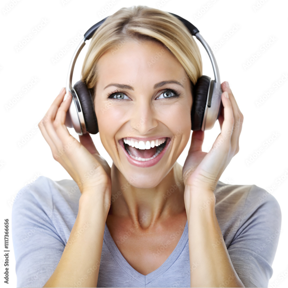 happy woman wearing headphones enjoying music on white happy woman wearing headphones enjoying music on white