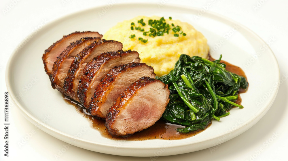 Elegant Roasted Duck Breast with Creamy Mashed Potatoes and Sautéed Spinach Elegant Roasted Duck Breast with Creamy Mashed Potatoes and Sautéed Spinach