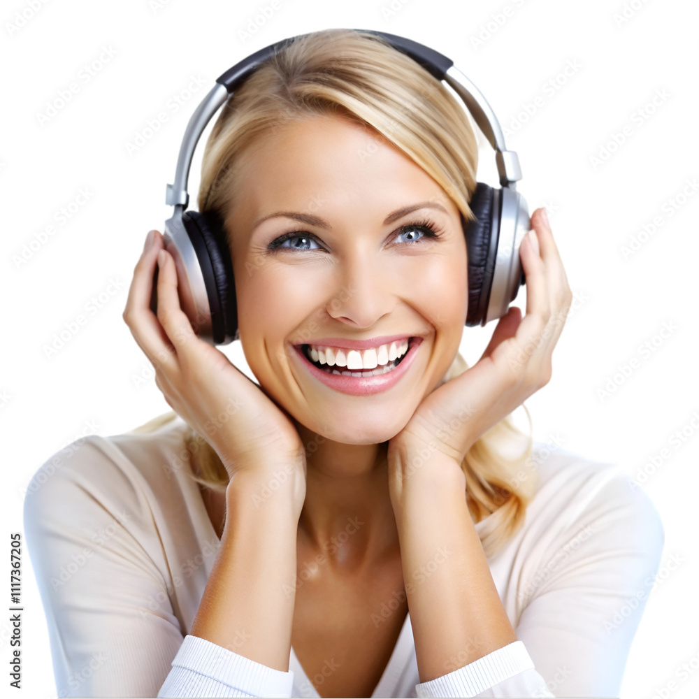 happy woman wearing headphones enjoying music on white happy woman wearing headphones enjoying music on white