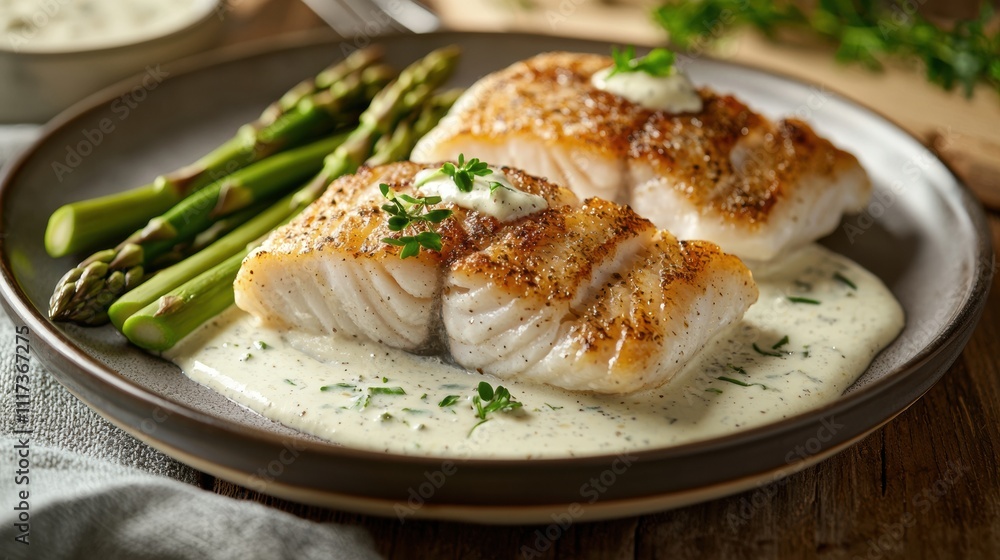 Fine dining pan-seared fish artistry in rustic ambiance Fine dining pan-seared fish artistry in rustic ambiance