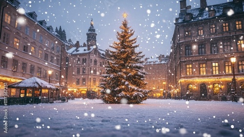 A snow-dusted Christmas tree in the heart of a city square, surrounded by softly illuminated buildings and falling snowflakes.