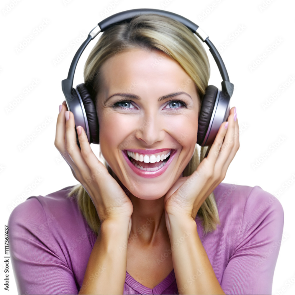 happy woman wearing headphones enjoying music on white happy woman wearing headphones enjoying music on white