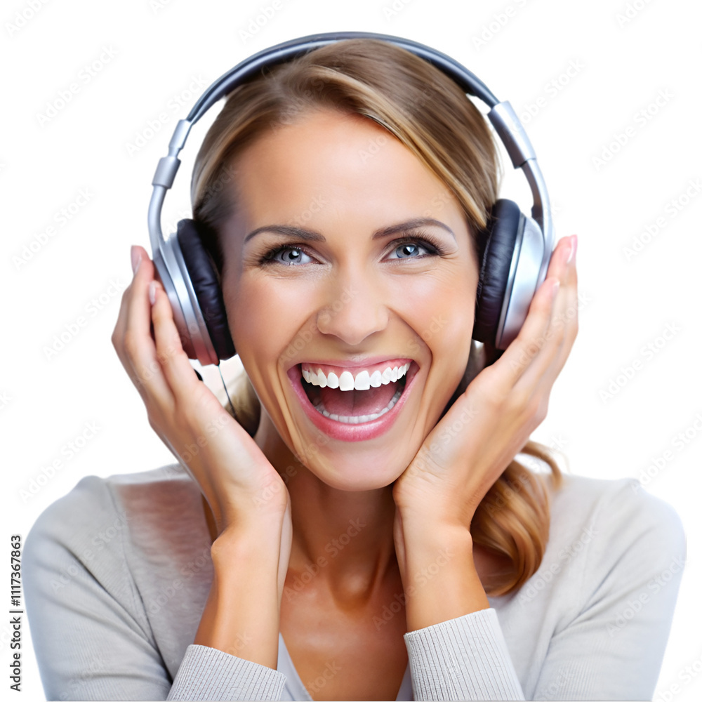 happy woman wearing headphones enjoying music on white happy woman wearing headphones enjoying music on white