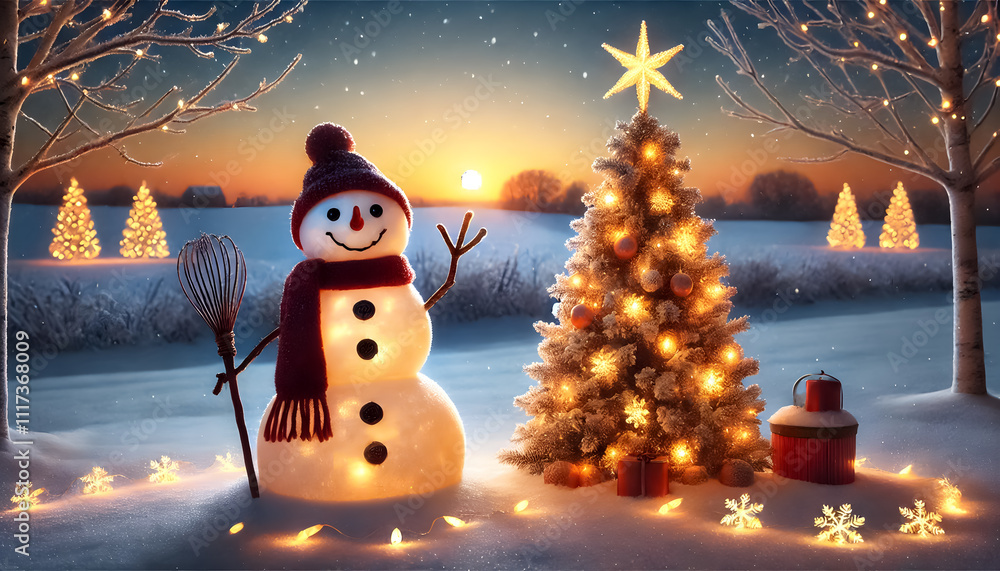 Obraz premium A snowman waving next to a glowing Christmas tree, surrounded by a snowy field at dusk.