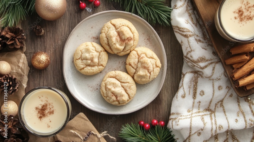 Eggnog Snickerdoodles Christmas dessert setting with sugar cookies and eggnog for a festive holiday celebration