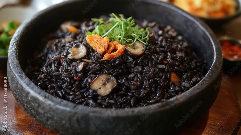 Exquisite black risotto with mushrooms and herbs in stone bowl Exquisite black risotto with mushrooms and herbs in stone bowl
