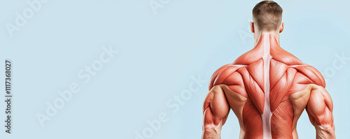 Detailed anatomical illustration of human muscular structure on a male back.