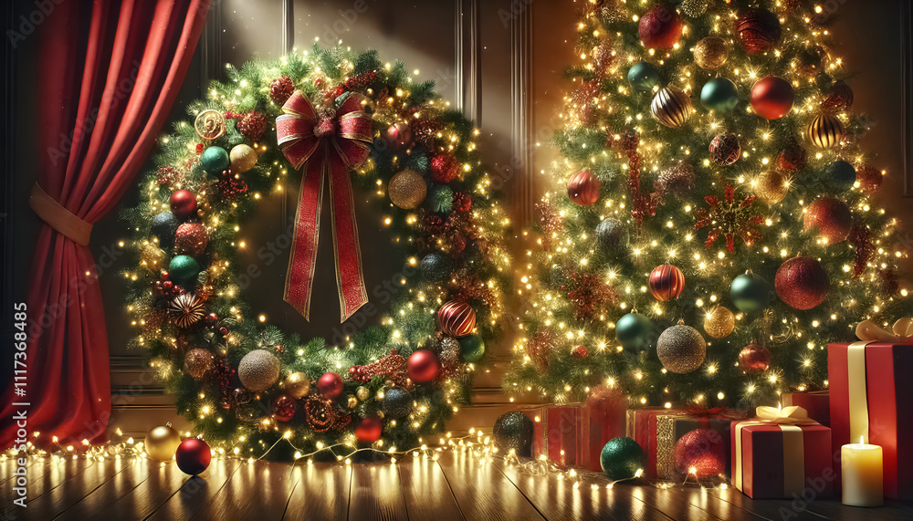 A large wreath with ornaments and lights, placed next to a decorated Christmas tree. A large wreath with ornaments and lights, placed next to a decorated Christmas tree.