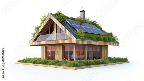 An eco-friendly house with solar panels and a green roof on a white background photo