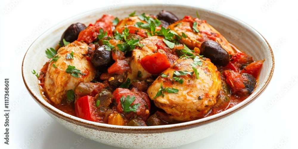 Delicious chicken cacciatore served in a stylish southwestern bowl, highlighting the vibrant flavors of chicken cacciatore against a clean white background. Enjoy this hearty meal of chicken Delicious chicken cacciatore served in a stylish southwestern bowl, highlighting the vibrant flavors of chicken cacciatore against a clean white background. Enjoy this hearty meal of chicken