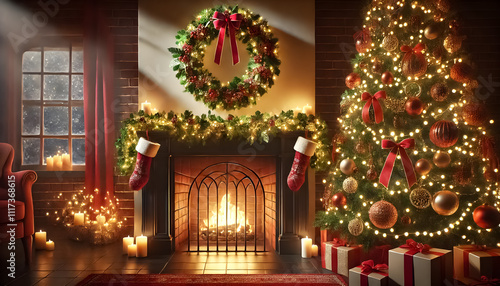 A glowing fireplace with a wreath above it, a Christmas tree shining nearby.