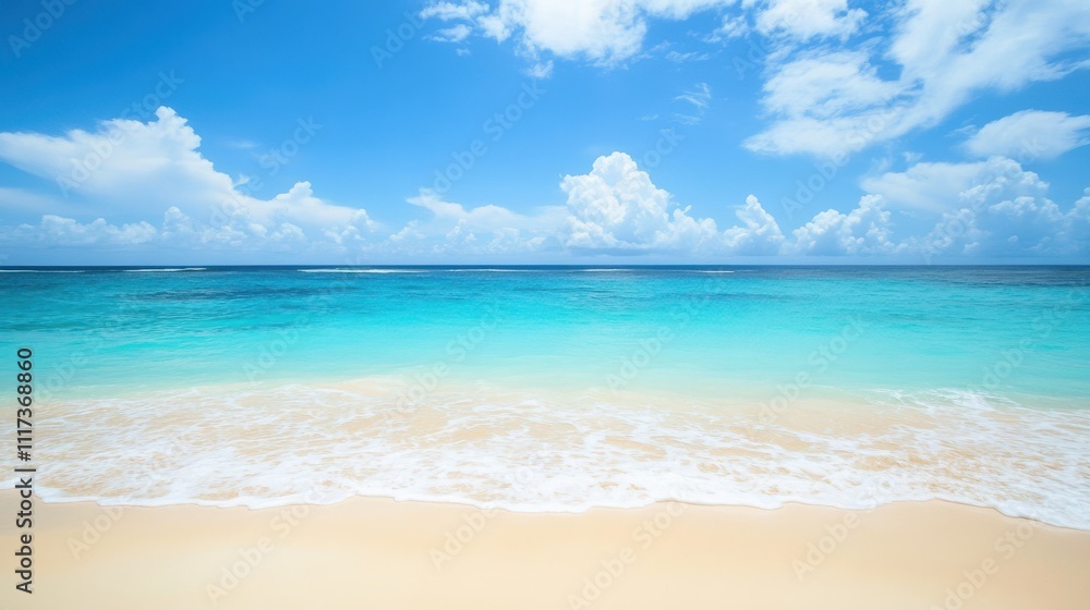 Serene beach scene with turquoise water, white sand, and blue sky. Serene beach scene with turquoise water, white sand, and blue sky.
