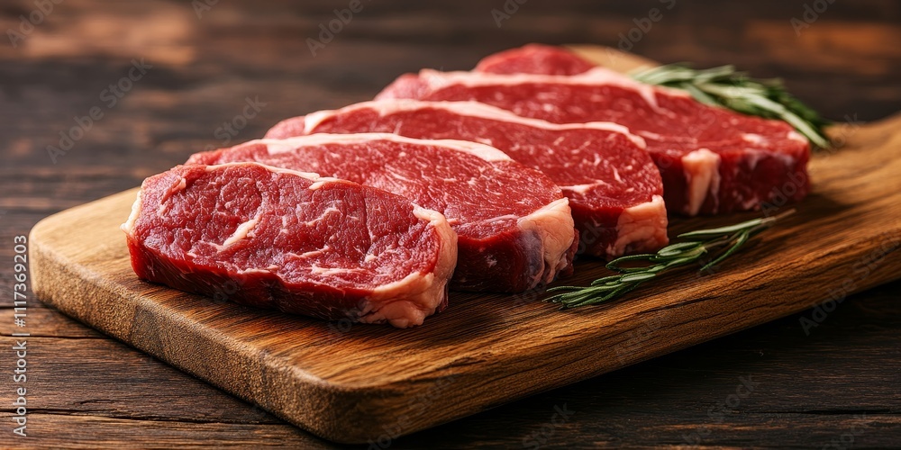 Fresh raw beef meat steak slices displayed on a wooden cutting board, showcasing the quality and texture of fresh raw beef. Ideal for culinary uses and food presentations. Fresh raw beef meat steak slices displayed on a wooden cutting board, showcasing the quality and texture of fresh raw beef. Ideal for culinary uses and food presentations.