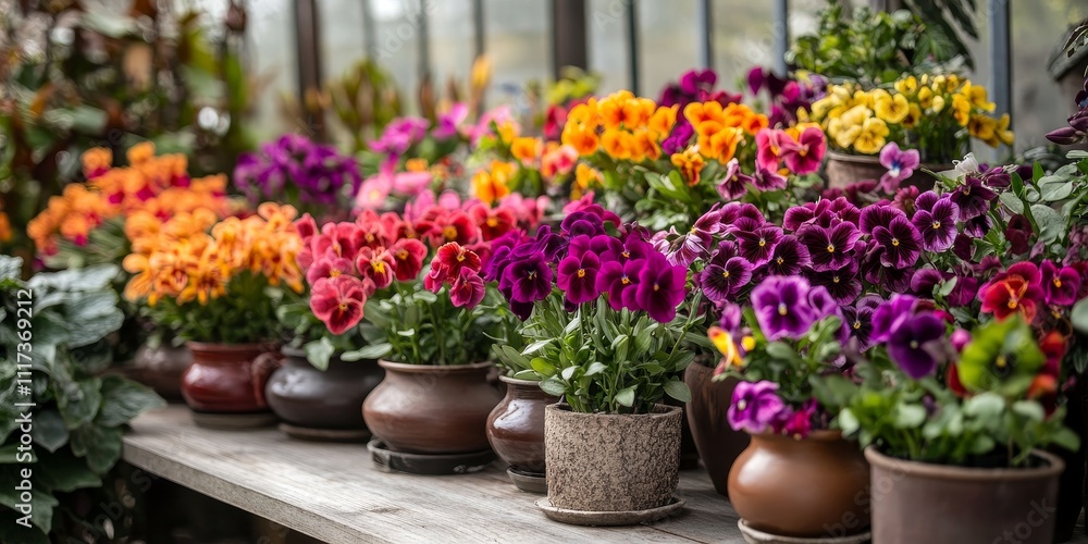 Fototapeta premium A collection of vases featuring vibrant flowers, including violets and cyclamen, beautifully arranged in a greenhouse setting during the winter season. Perfect for showcasing winter blooms.