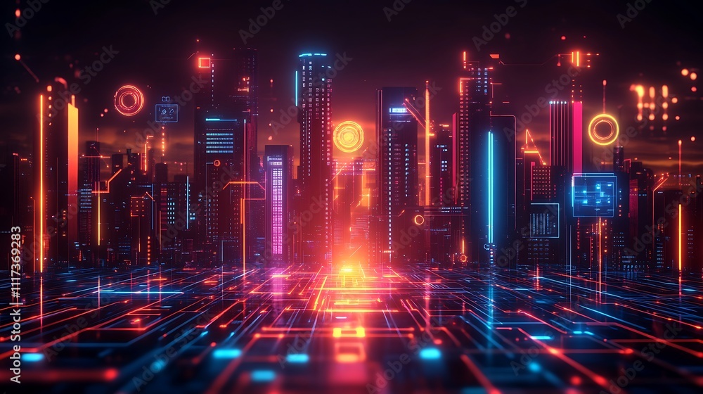 Obraz premium Futuristic cityscape digital horizon 3d render neon lights urban