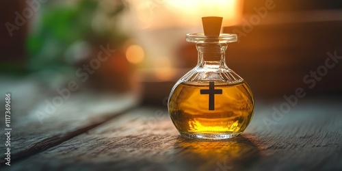 Holy chrism displayed in a small bottle during a baptism ceremony, symbolizing the sacred essence of holy chrism used for anointed blessings and spiritual significance in the rite.