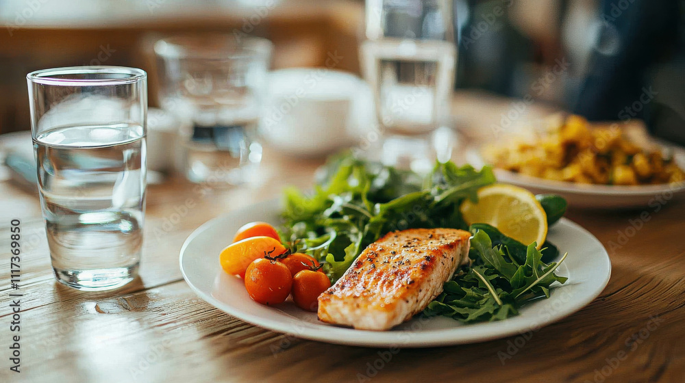 Fresh and Healthy Balanced Plate of Vegetables and Salmon on Wooden Table Fresh and Healthy Balanced Plate of Vegetables and Salmon on Wooden Table
