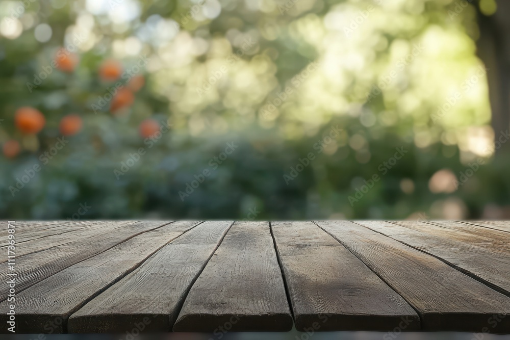 A wooden tabletop with a blurred garden background, creating a serene outdoor atmosphere. A wooden tabletop with a blurred garden background, creating a serene outdoor atmosphere.