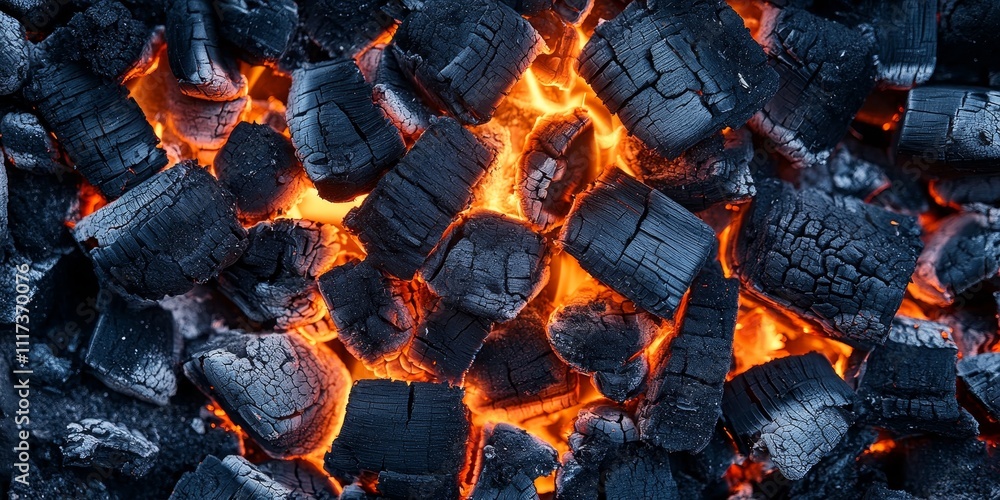 Close up view of burning charcoal, showcasing the vibrant glow and textures of burning charcoal as it ignites and creates heat, ideal for barbecues and cooking. Experience the beauty of burning Close up view of burning charcoal, showcasing the vibrant glow and textures of burning charcoal as it ignites and creates heat, ideal for barbecues and cooking. Experience the beauty of burning