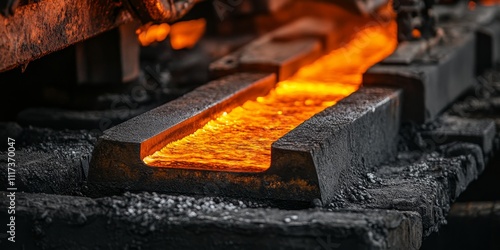 Molten iron steel being processed in a foundry setting showcases the intense heat and craftsmanship involved in iron steel production, capturing the essence of the foundry experience. photo