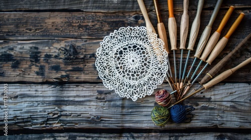 International Tatting Day Intricate crochet doily with colorful yarn and wooden crochet hooks on rustic wooden surface