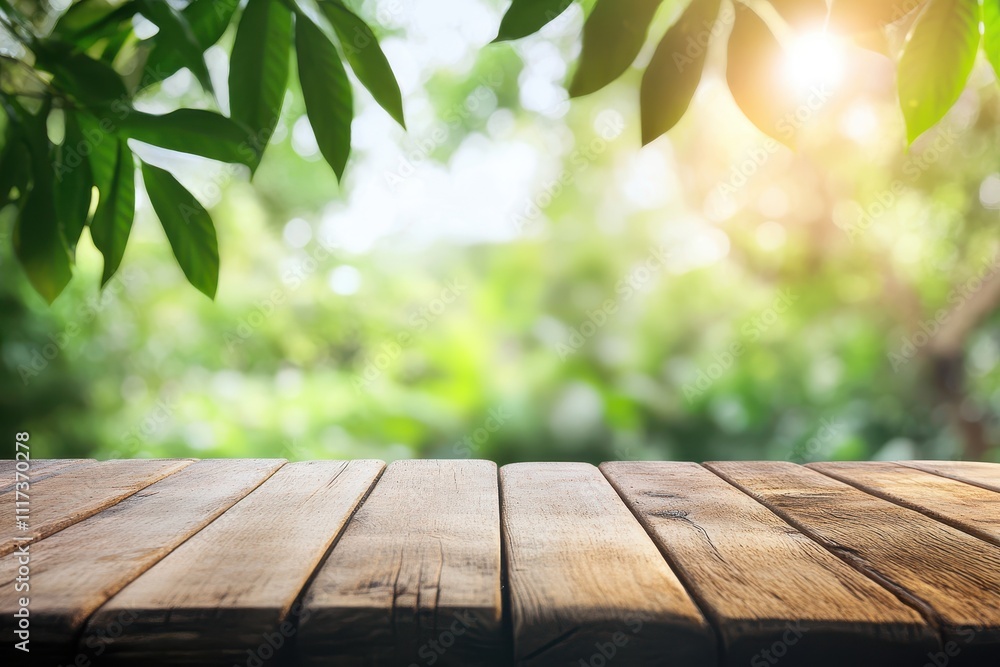 A wooden tabletop with lush greenery and sunlight in the background, creating a serene atmosphere. A wooden tabletop with lush greenery and sunlight in the background, creating a serene atmosphere.